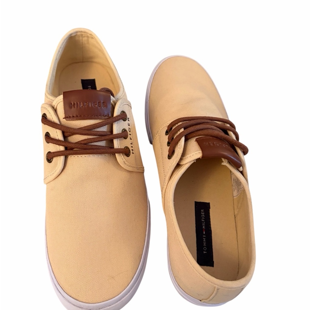 Tommy Hilfiger Men’s Beige Canvas Lace-Up Sneakers-Leather Detailing-Size-8.5